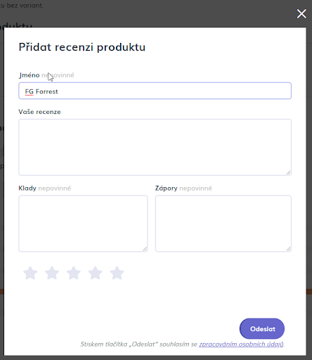 Formulář pro přidání recenze produktu