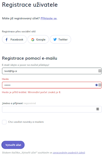 Registrace uživatele