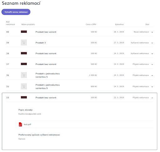 Seznam reklamací