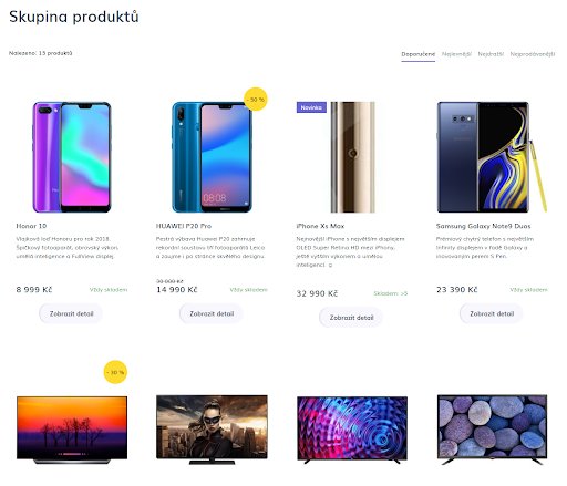 Příklad zobrazení skupiny produktů