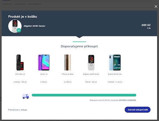Pop-up po přidání produktu do košíku