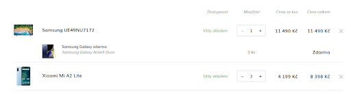 Seznam produktů v košíku