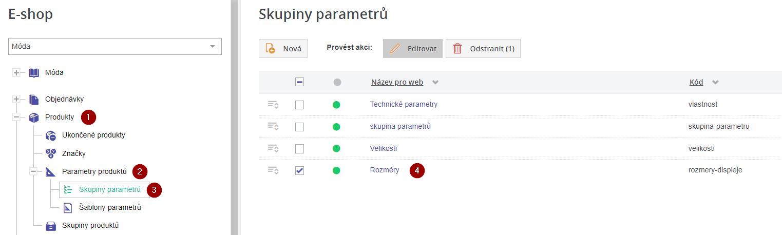 Editace skupiny parametrů
