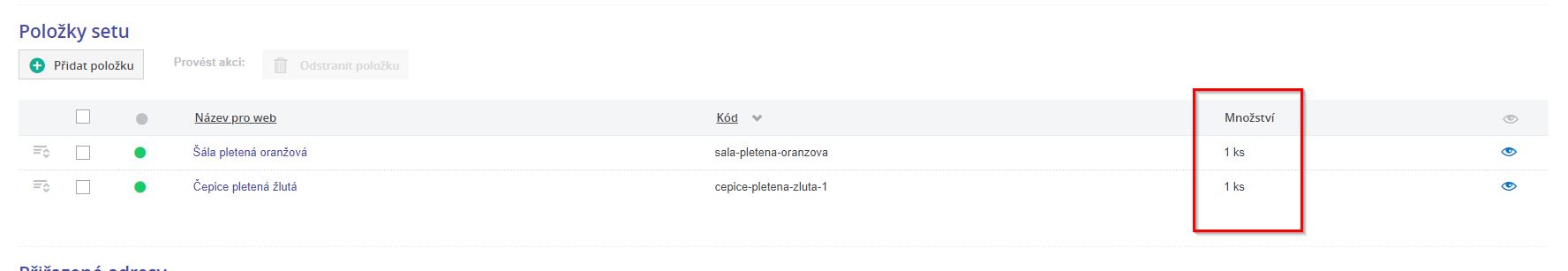 Set mnozstvi polozek