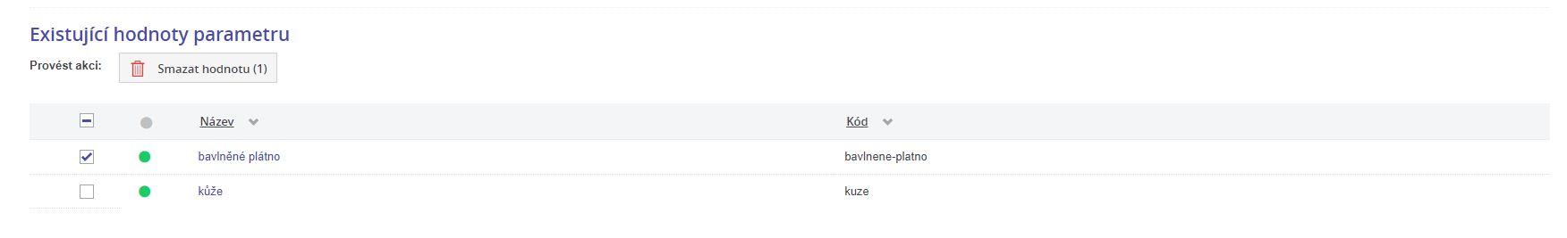 Existujici hodnoty parametru