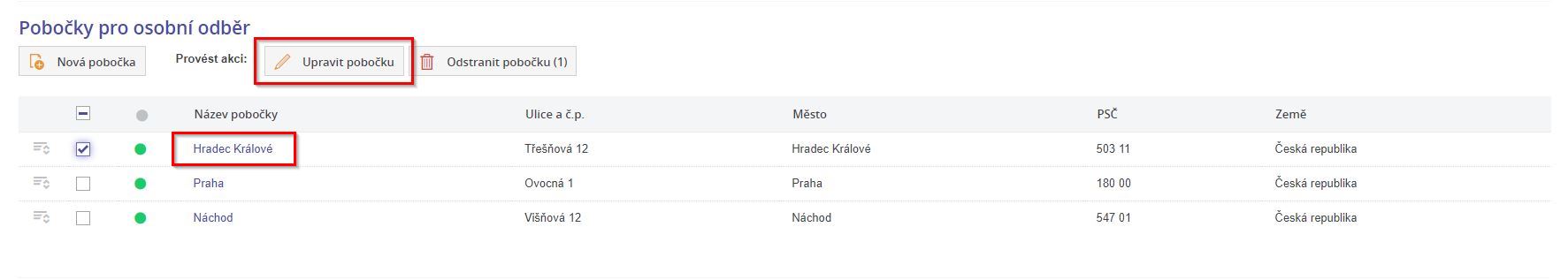 Editace pobocky