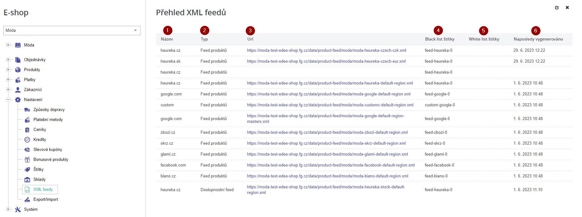 XML feed popis sloupcu