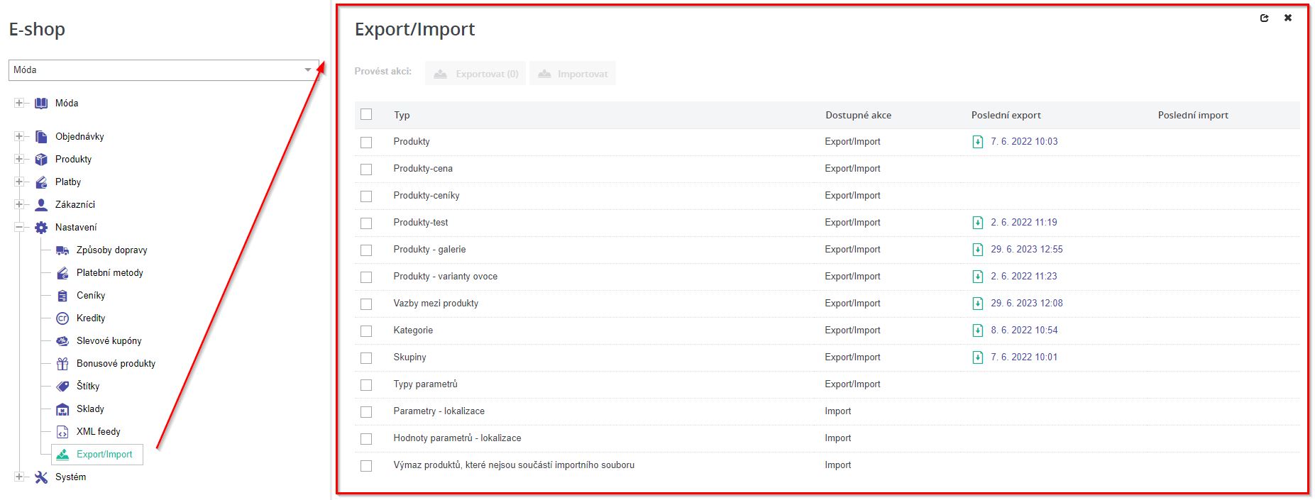 Vypis CSV export/import
