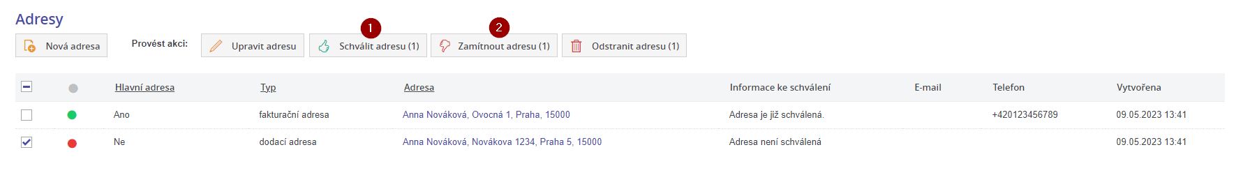 Schvalit/zamitnout adresu