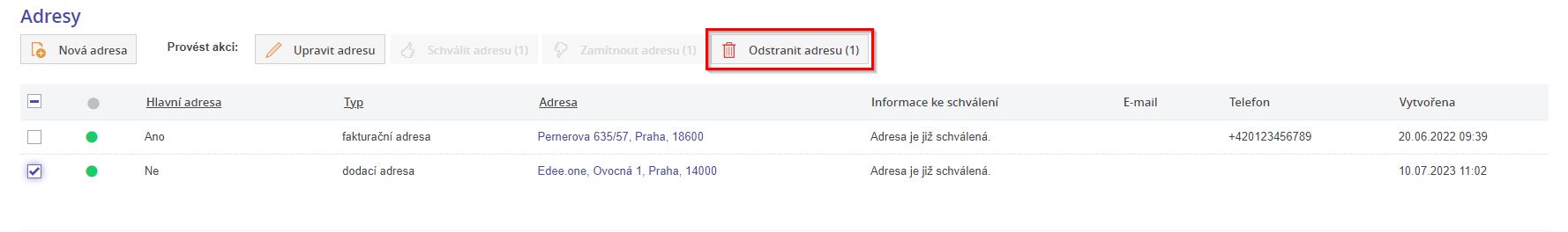 Smazani adresy firmy
