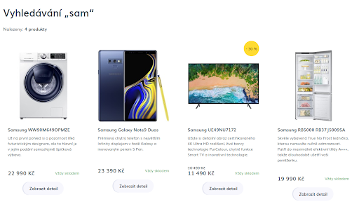 Stránka po stisknutí tlačítka vyhledat