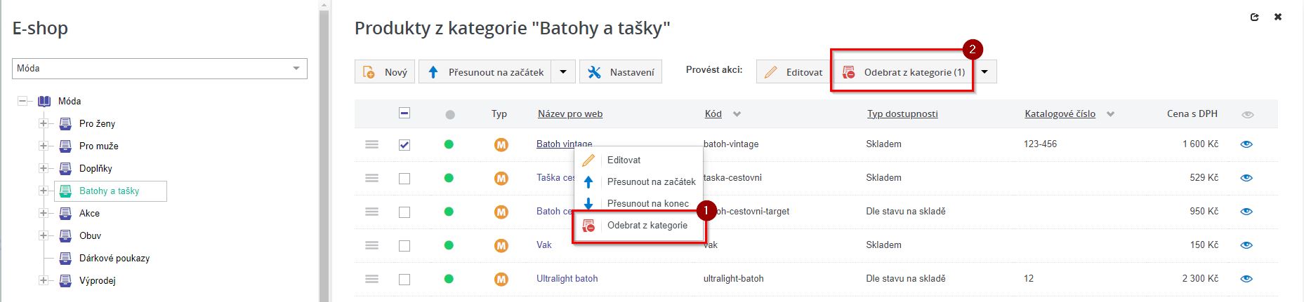 Odstraneni produktu z kategori