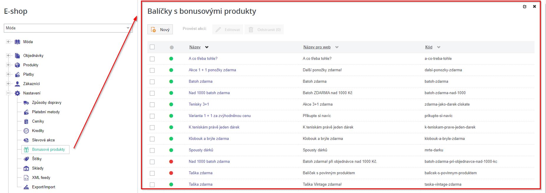 Vypis bonusovych balicku