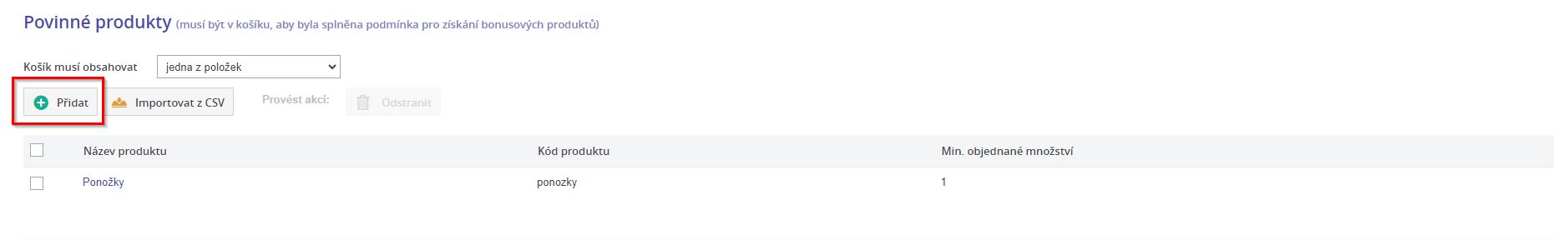 Pridani povinneho produktu