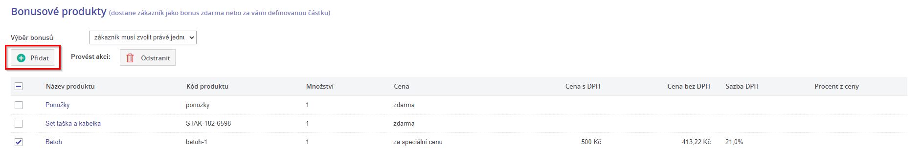 Pridani bonusoveho produktu